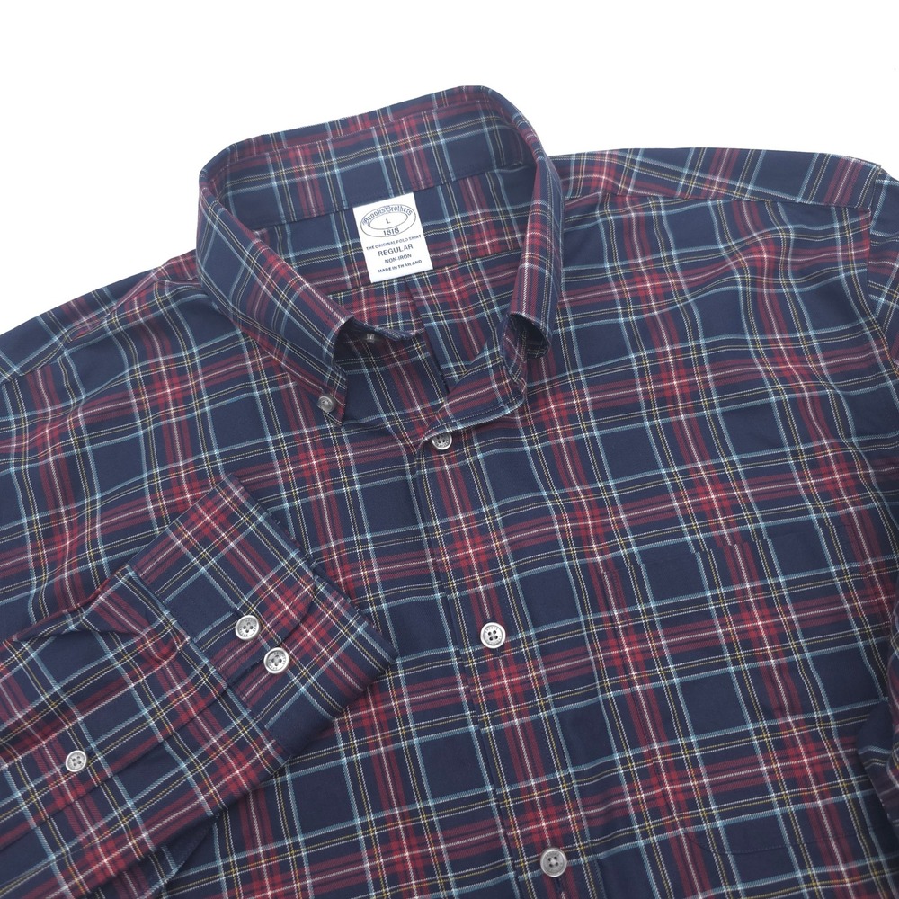 Brooks Brothers Men L 1818 Regular Fit Non-Iron Red Plaid Button Down Shirt NWT